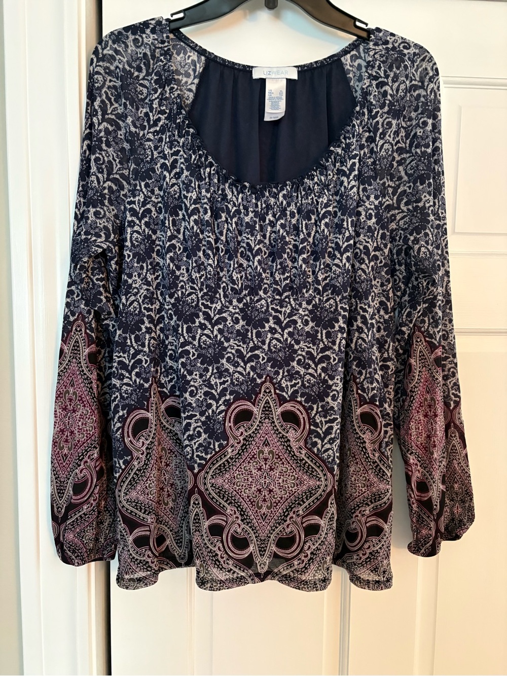 LIZ WEAR Navy and Pink Paisley-Print Long Sleeve Blouse